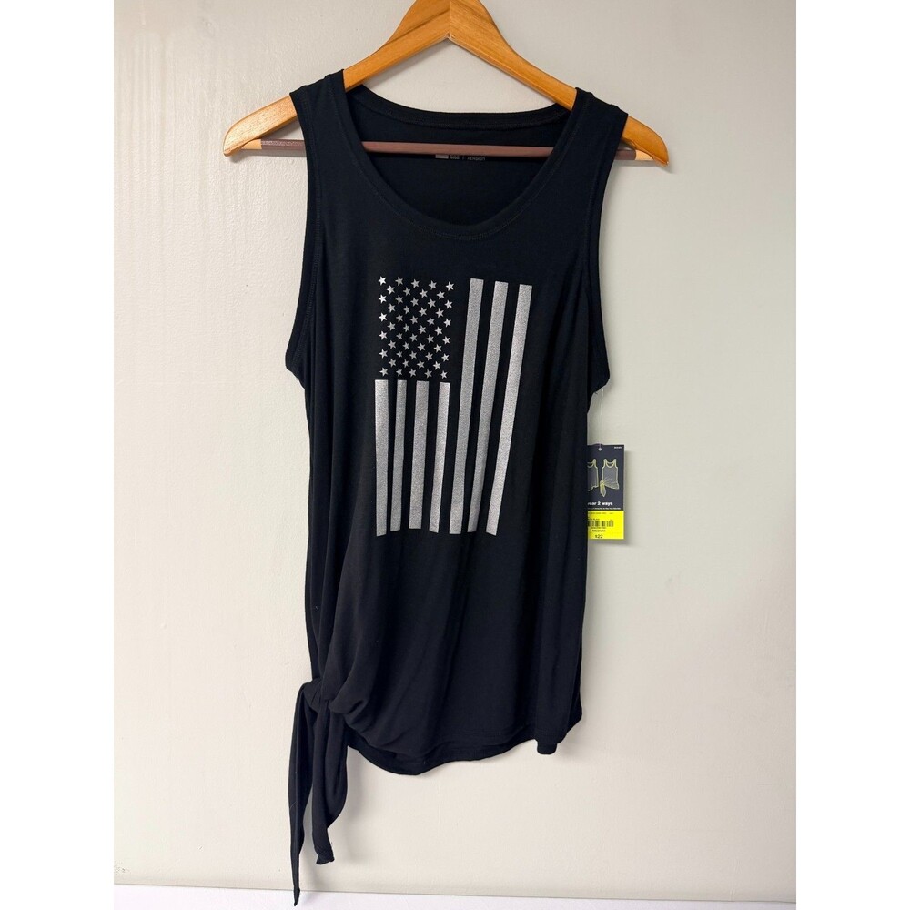 Xersion Womens Medium Black Silver American Flag Tie Hem Tank Top Tags Attached
